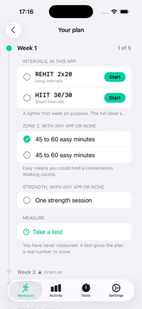 PEAKVO2 app screenshot of week 1 of the 8-week plan: long intervals and short intervals to run in the app, two Zone 2 easy sessions, one strength session, and a fitness test