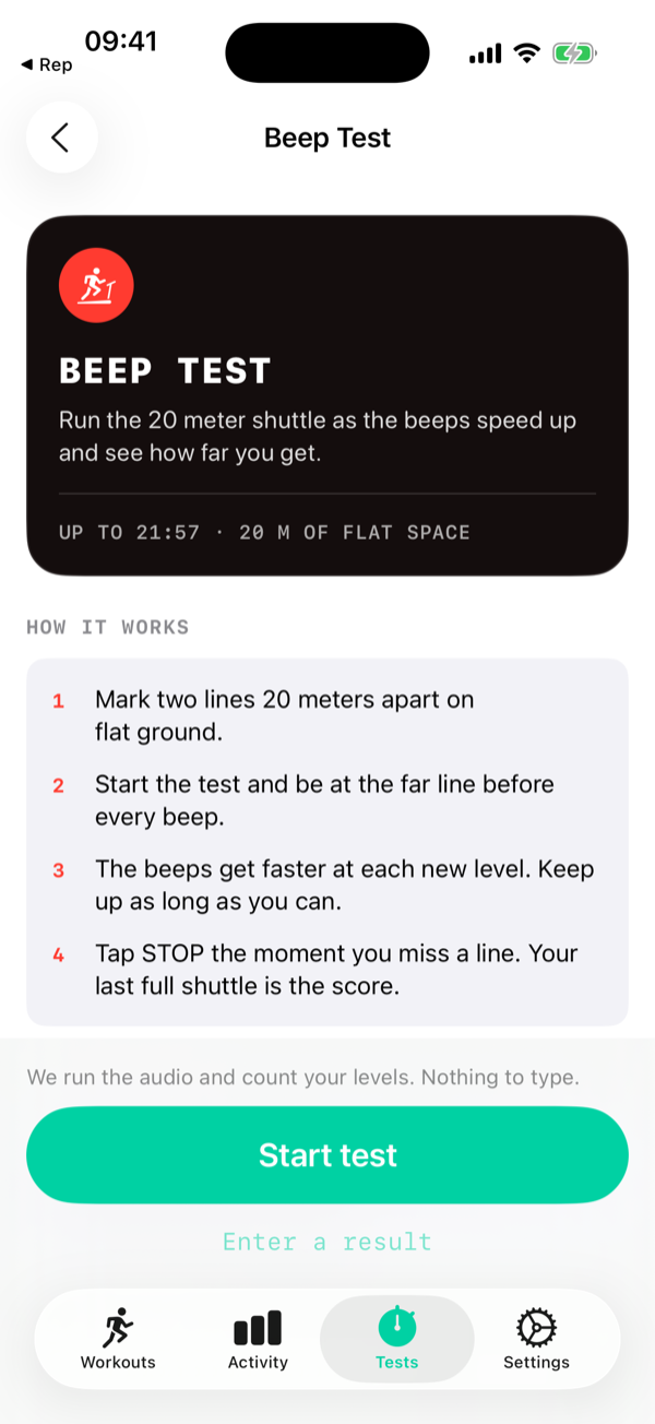 PEAKVO2 beep test intro screen explaining the 20 meter shuttle and how the test works
