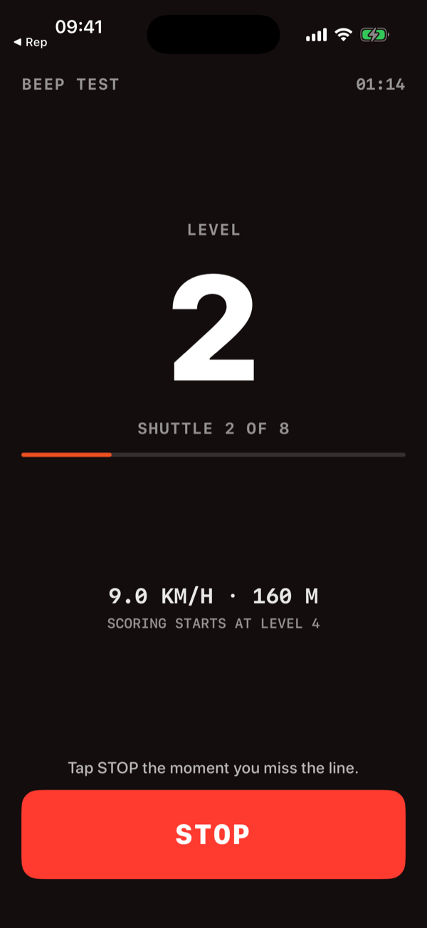 PEAKVO2 beep test running, showing the current level, shuttle count, speed in km/h, and a red STOP button