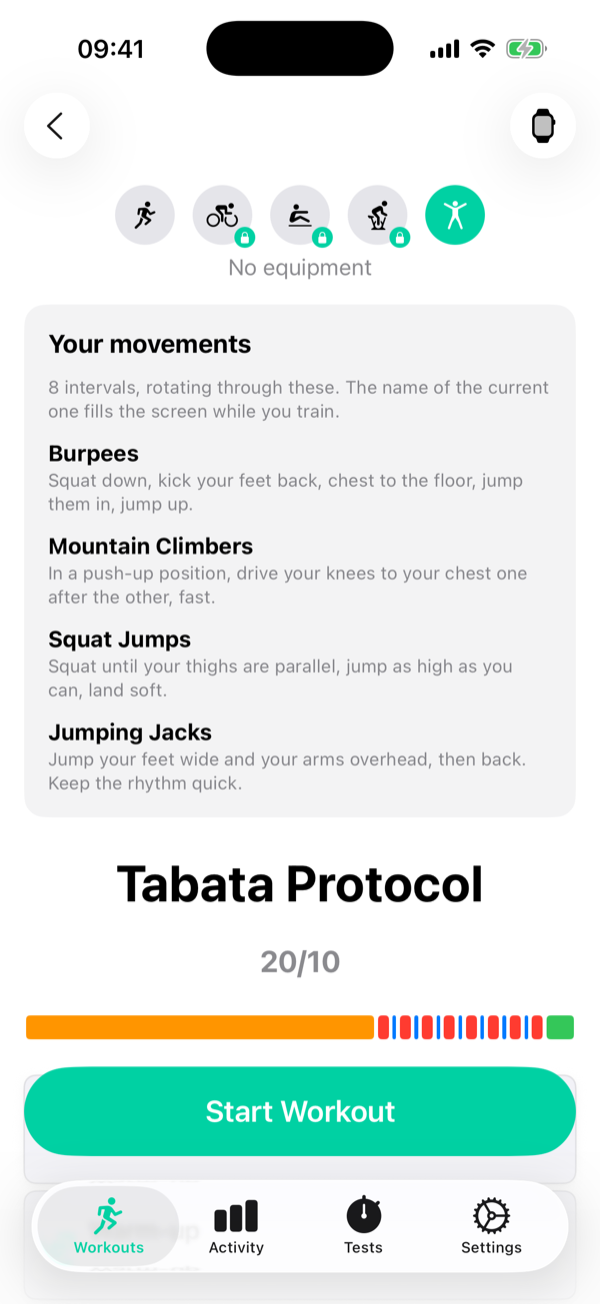 PEAKVO2 Tabata Protocol set to No equipment, listing the bodyweight movements burpees, mountain climbers, squat jumps, and jumping jacks